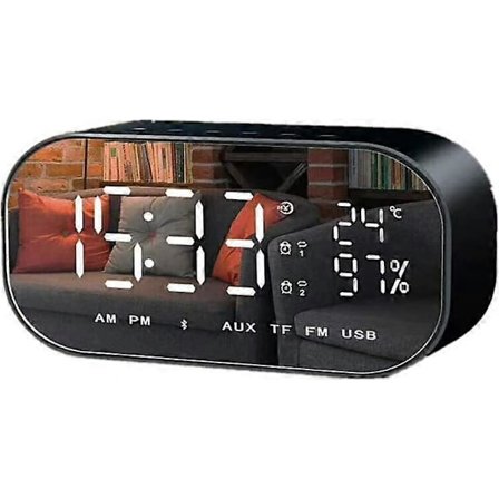 Svart Digitalt Speil Vekkeklokke med Bluetooth-høyttaler, Lys Vekkeklokke med LED-display og Hjemmekontor Vekkeklokke