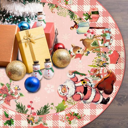 48 tum Vintage Rosa Julgransmatta med Tomte & Snöflinga Design, Festlig Julgranskrage Matta för Inomhus Utomhus Julhelg