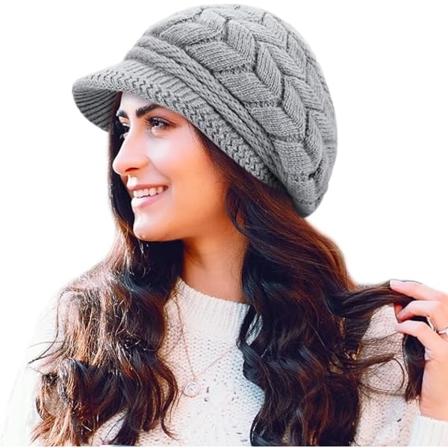 Dam vintermössa, mjuk ull stickad mössa för kvinnor, fleecefodrad snö skidmössor Slouchy vintermössa med Vsior