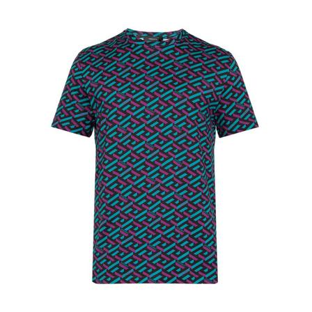 Versace, T-shirt with ‘La Greca’ motif Blauw, Heren, Maat:S,Katoen