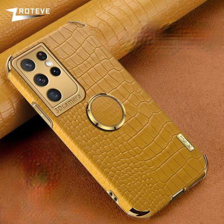 Samsung Galaxy S21 Lyxigt Stilrent Skal Med Krokodilskinn & Ring Yellow One Size