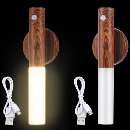 2 stk. Bevægelsessensor Nattelys Magnetisk Væglampe 2 stk. USB LED Lys Genopladelig Pinde Trådløs Trappe Indendørs Trævæglampetter med