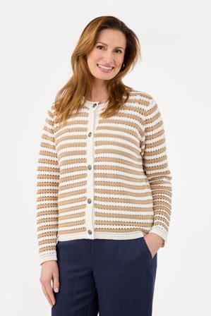SIGNATURE - Strik Cardigan - Beige / Hvid - Stribet