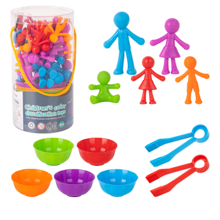 1 sæt legetøj til børn 2 år, spil til at tælle og sortere, lære farver, sorteringsspil, med matchende sorteringsskåle og pincet