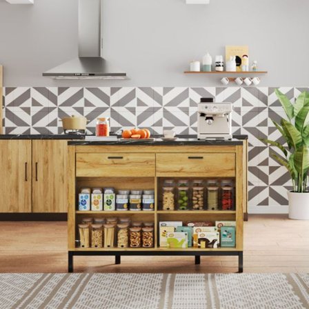 Köksö 120x75x90cm lantlig stil med 2 lådor, 4 hyllor & barområde, ek-look & marmorskiva