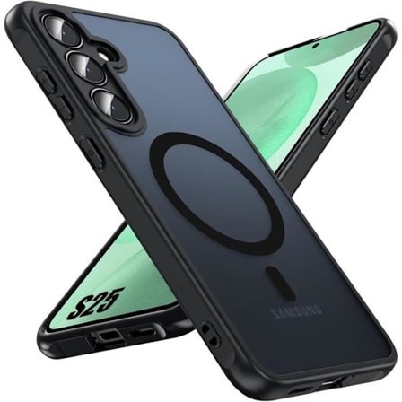 Kompatibel Coque med magnetisk sirkelbeskyttelse for Samsung Galaxy S25, silikon- og PC-beskyttelse + innebygd kameraglass - svart