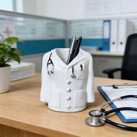 Designet som en hvid lægekittel, er det en fremragende skrivebordsorganisator.