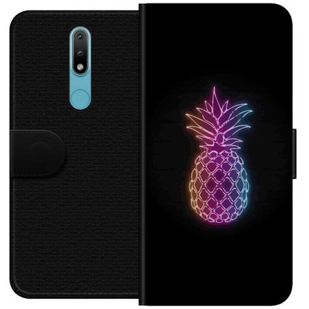 Kompatibelt Lommeboketui til Nokia Nokia 2.4 Neonlysillustrasjon av ananas i fargerikt lys mot svart bakgrunn