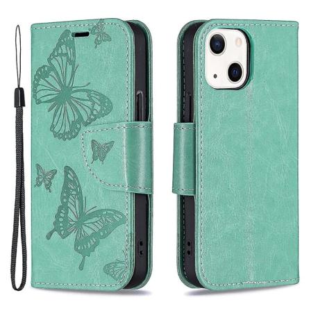 Imprint Butterfly Magnetisk stängning Läderställ Plånbok Case Fodral med rem för Iphone 13 Mini 5,4 tum - lila Green