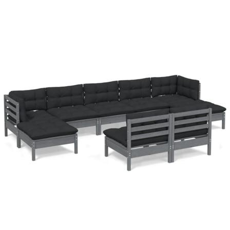 Vidaxl Loungegrupp Med Dynor 9 Delar Grå Massiv Furu Grå