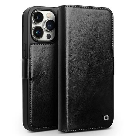 QIALINO Anti-Drop Telefondeksel for iPhone 15 Pro Ekte Ku Lær + TPU Magnetisk Lukking Telefondeksel