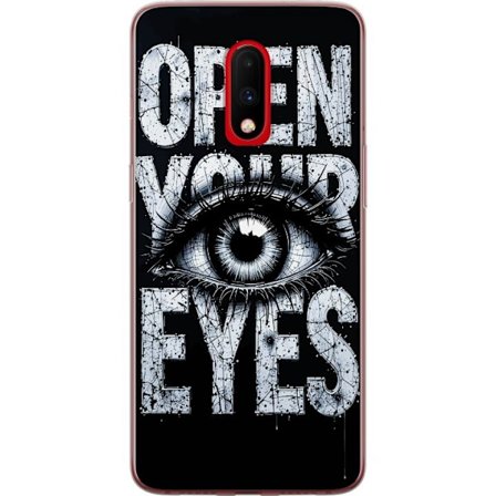 Kompatibelt Mobildeksel til OnePlus OnePlus 7 Mørk typografisk illustrasjon med øye og teksten Open Your Eyes, sterk kontrast og rå kunstnerisk gat
