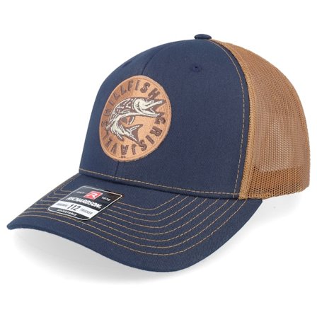 Skillfish - Blå trucker Caps - Cirkel Grisjävel 112 Split Navy/Caramel Trucker @ Hatstore