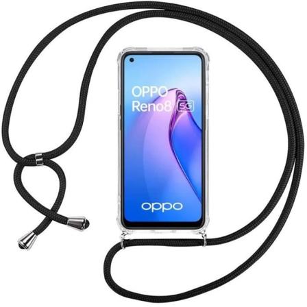 Etui til OPPO Reno 8 5G TPU tyndt gennemsigtigt forstærket hjørne med sort ledningshalskæde Transparent-svart