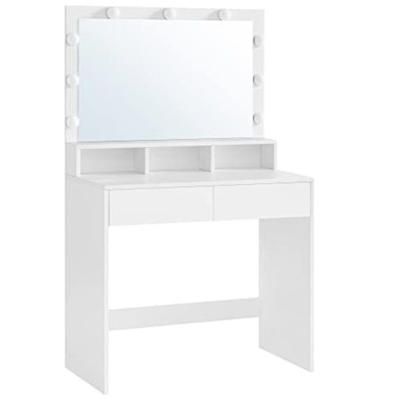 Toiletbord Vanity Table med 9 LED-pærer og spejl, justerbar lysstyrke, 2 skuffer og 3 åbne rum, moderne hvid