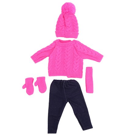 Dockkläder Set 18 Tum Tröja Byxor Hatt Halsduk Handskar för 43cm Baby Docka Q18-788 Rosröd