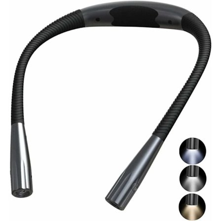 Oppladbar LED-lampe for lesing rundt nakken, fleksibel for bøker, 3 farger