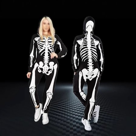 Naisten Halloween-luurankopuku - Mukava ja helppo aikuisten jumpsuit-body - Etu- ja takapainatus vetoketjulla