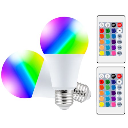 LED Pære med Fjernbetjening E27 RGB Lampe, 2-pak LED Dæmpbar Farveskiftende Lampe 10W Farvet Pære