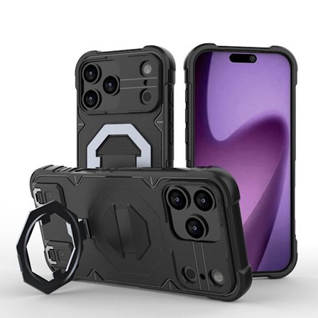 Kompatibel med IP17-PRO-MAX stødsikkert etui, telefonetui med stativ, sort