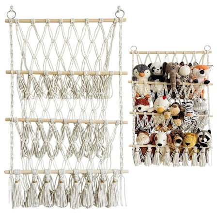 Hengende kurv leketøysnett oppbevaring kosedyr organizer med dusker for barneromsdekor