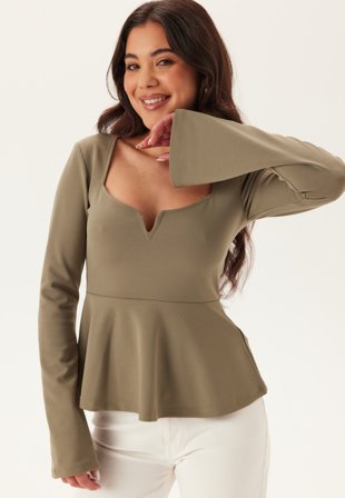 Bubbleroom - Long Sleeve Peplum Top - Green - Kläder