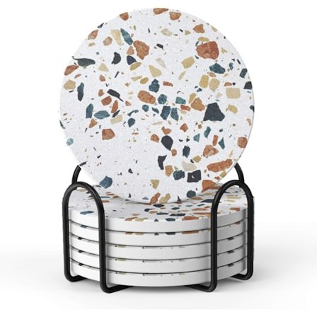 Underlägg-Set med 6 underlägg-Marmorunderlägg Keramik-Underlägg med hållare och korkbas, för kvinnor män för olika koppar, bord heminredning, Terrazzo