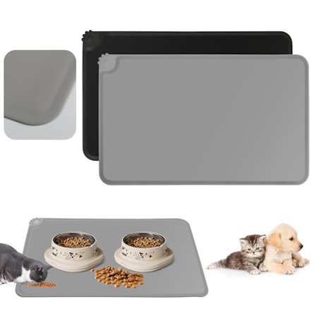 Set med 2 silikonmattor för katter och hundar | 48x30 cm | Vattentät & Halkfri | Lätt att rengöra | Svart och Grå