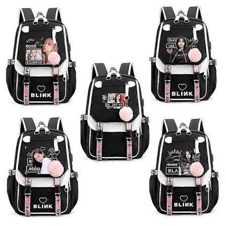 BlackPink Ryggsäck Laptopväska Skolväska Med Hål för USB-Laddning Hörlurar Lisa