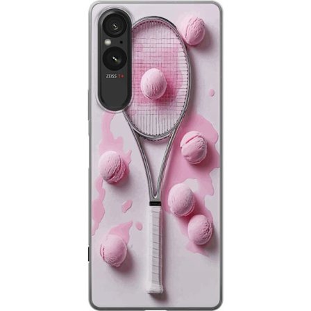 Kompatibelt Mobildeksel til Sony Sony Xperia 5 V Rosa glasskuler og tennisracket i et kreativt, stille bilde med leken popfølelse og moderne design s