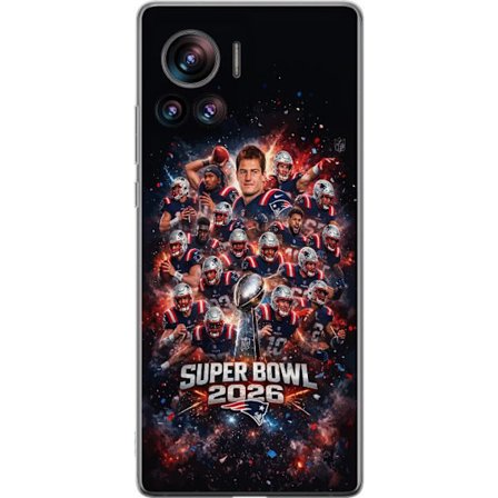 Yhteensopiva Puhelinkuori Motorola Edge 30 Ultra Super Bowl 2026 juliste, jossa New England Patriots ja NFL-mestaruuspalkinto räjähtävän urheilullises