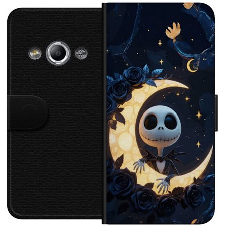 Yhteensopiva Lompakkokotelo Samsung Galaxy Xcover 3 Kuunsäden luurankomotiivi, jossa luuranko istuu loistavan kuun keskellä tähtiä ja tummia ruusu