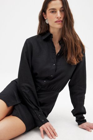 NA-KD Robe chemise en lin - Robes en lin - Noir - EU 34
