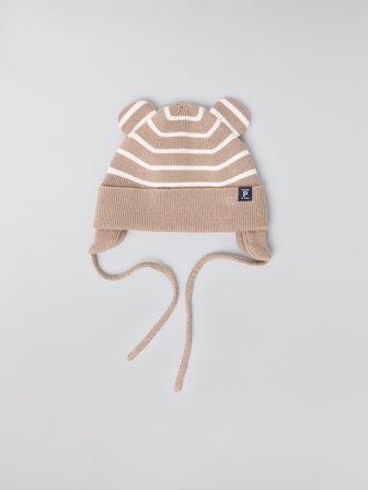 Strikket lue med ører stripet - 48|50 - barneklær - beige - Polarn O. Pyret