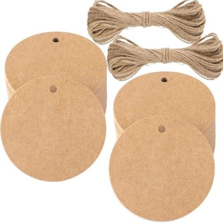 100 st Kraftpapper Etiketter Presentetikett - rund etikett 5,5x5,5cm Kraft Bröllopsetiketter med snöre för Jul årsdag (brun)
