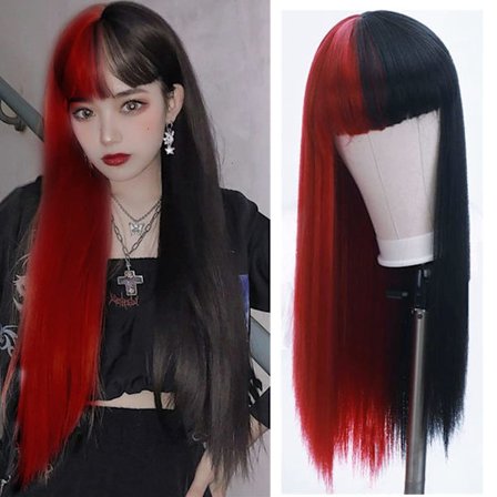 Halv rød halv svart parykk langt rett hår med pannelugg cosplay naturlig parykk for jenter cosplay fest show