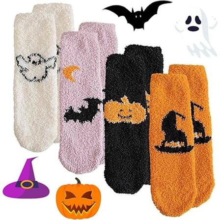4 par Halloween sokker, fluffy sokker, Halloween gave, bløde sokker, varme sjove farverige skøre strømper til kvinder