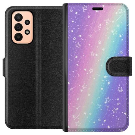 Yhteensopiva Lompakkokotelo Samsung Galaxy A23 Sateenkaaren värisellä pastellitaustalla on valkoisia tähtiä ja kimaltelevia pisteitä pehmeässä siirtym