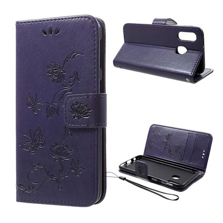Samsung Galaxy A40 sommerfugleprint på lædercover - mørkelilla