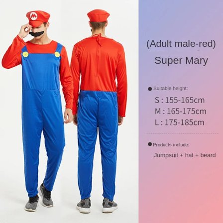 Super Mario-kostyme for barn og voksne - Halloween Cosplay-antrekk kompatibelt med Mario-spill [JUN] Mario voksen menn Rød-FA-
