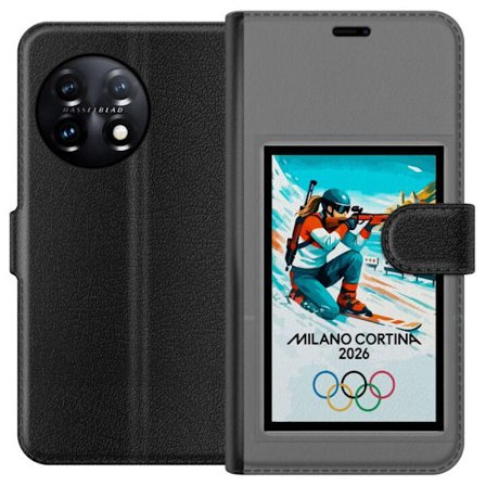 Yhteensopiva Lompakkokotelo OnePlus 11R Retrojuliste Cortina Milano 2026 vuorilla, talviurheilijoilla, italiankoloreilla, Milanon tuomiokirkolla ja ol