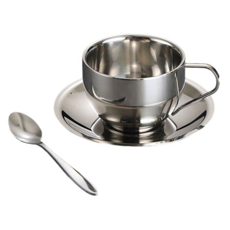 Espressokopp i rostfritt stål med fat och sked, dubbelväggig isolerad kaffekopp för Latte, mjölk och te