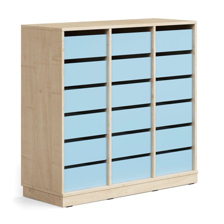 Student storage CASPER, 18 drawers, base frame, birch/sky blue