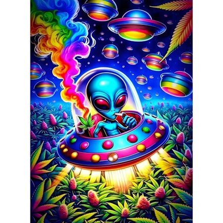 UFO Romskip 5D Diamantmosaikk - Hippie-stil, Heldekkende runde perler, DIY 30x40 cm