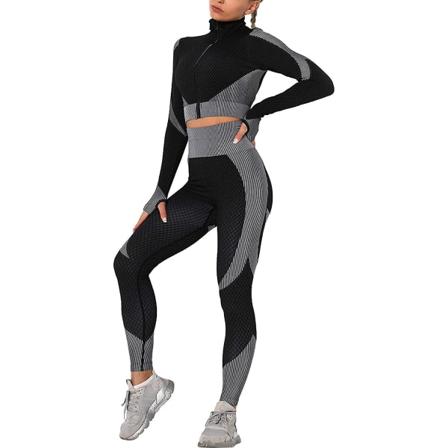 Träningsoverall för kvinnor 2-delat set hög midja Leggings och långärmad Crop Top Yoga Activewear med dragkedja fram Black White S