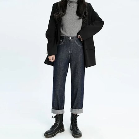 FINORD Hög midja avslappnade baggy jeans dam koreansk höst jeans streetwear Harajuku vintage vinter raka denimbyxor beige