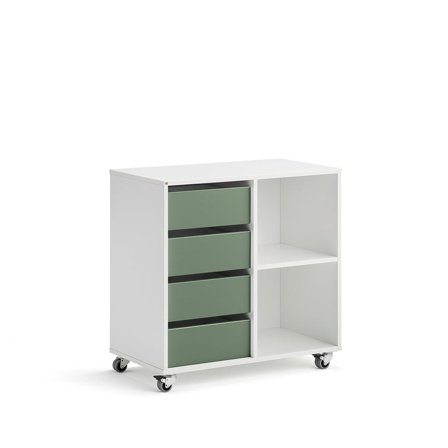 Elevförvaring CASPER, 4 lådor, 2 fack, hjul, vit, mörkgrön