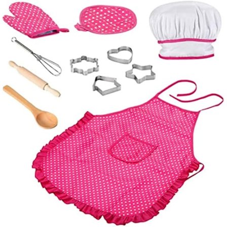 Kokkesæt kompatibelt Børnekøkken Rollespil Kokkekostume Rosarosa med Forklæde Kokkehat Redskaber Grydelap Børneforklæde