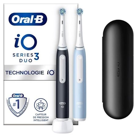 Oral-B iO 3-pakke med 2, sorte og blå elektriske tandbørster, 2 børstehoveder, 1 rejseetui
