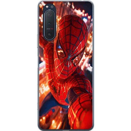 Kompatibelt Mobildeksel til Sony Sony Xperia 5 II Spider Man i intensiv handling med gnistrende lys og dynamisk perspektiv i filmisk superheltstil